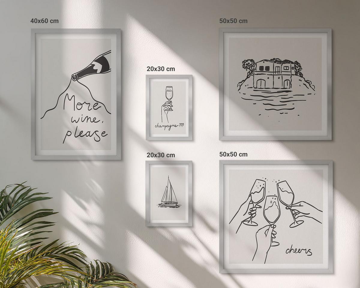 BILDER SET 5er Set - 50x50 cm & 20x30 cm & 40x60 cm Silberner Rahmen - Minimalistische Boho-Muster - Silberfarben, Kunststoff (40/60cm) - TULUP