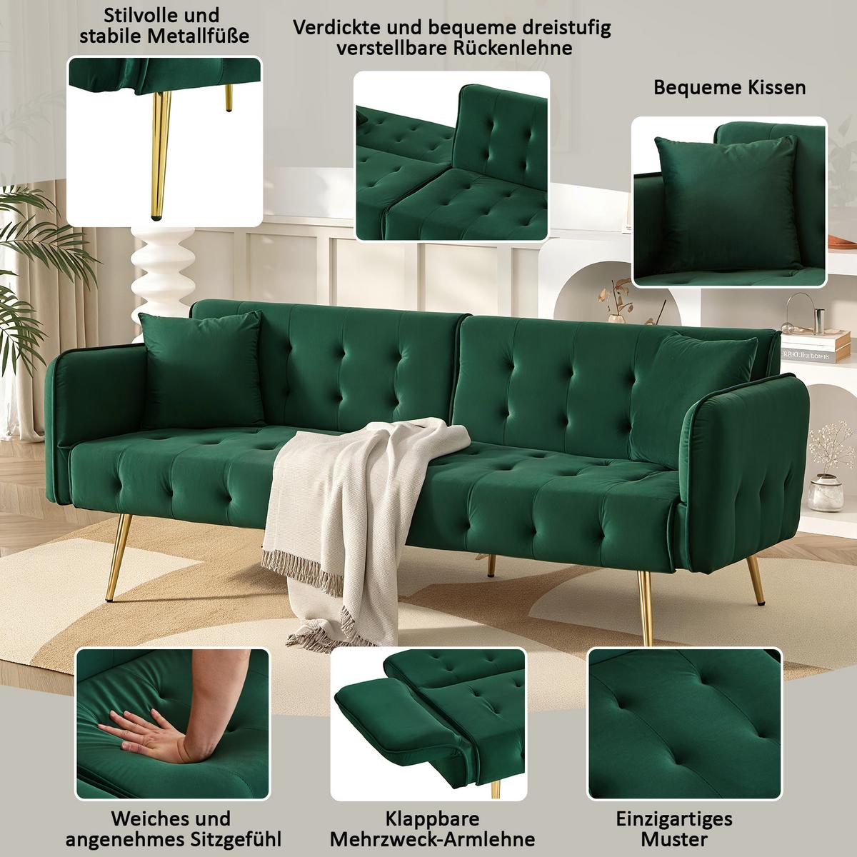 SCHLAFSOFA 2-in-1 Funktion Velours - Grün, Kunststoff (178/70/82cm) - Urban Meuble