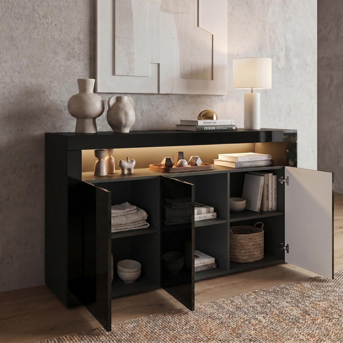 SIDEBOARD Valencia Schwarz Hochglanz / Schwarz Hochglanz - Schwarz Hochglanz, Holzwerkstoff (155/92/40cm) - Vladon