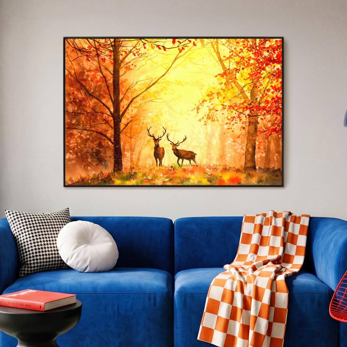 LEINWAND Bilder mit Rahmen - Natur - Ölfarbe - Hirsche - Tiere - Herbst - Orange - 90x60 - Orange, Textil (90/60cm) - MuchoWow