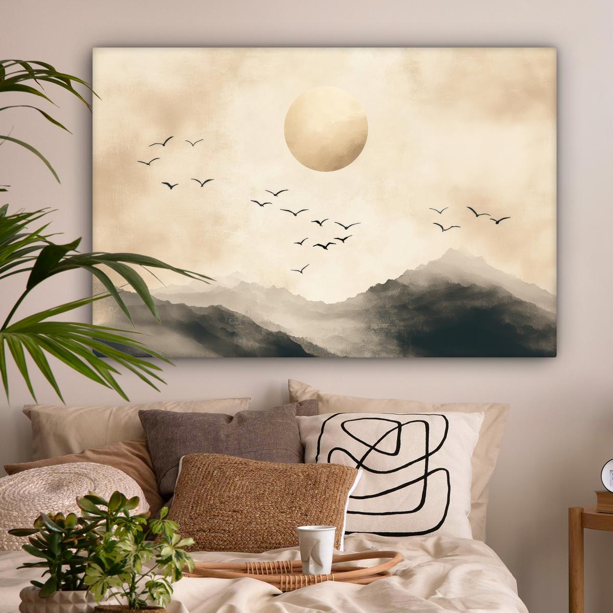 LEINWANDBILD Landschaft - Japandi - Vogel Wohnzimmer Groß 120x80 cm - Beige, Textil (120/80cm) - MuchoWow