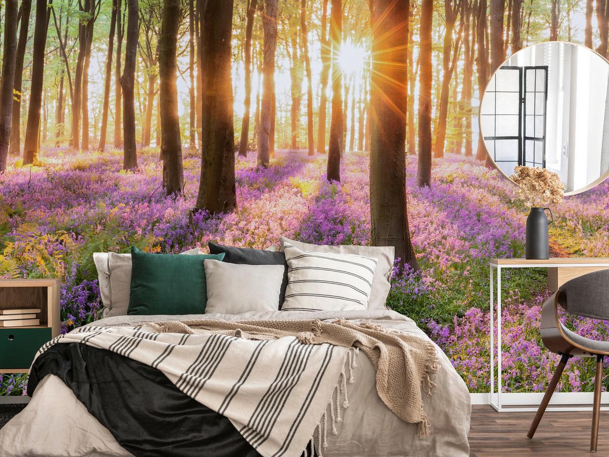 FOTOTAPETE Wald Blumen Sonnenaufgang Landschaft 3D 350x256 - Gelb/Beige, Papier (350/256cm) - Muralo