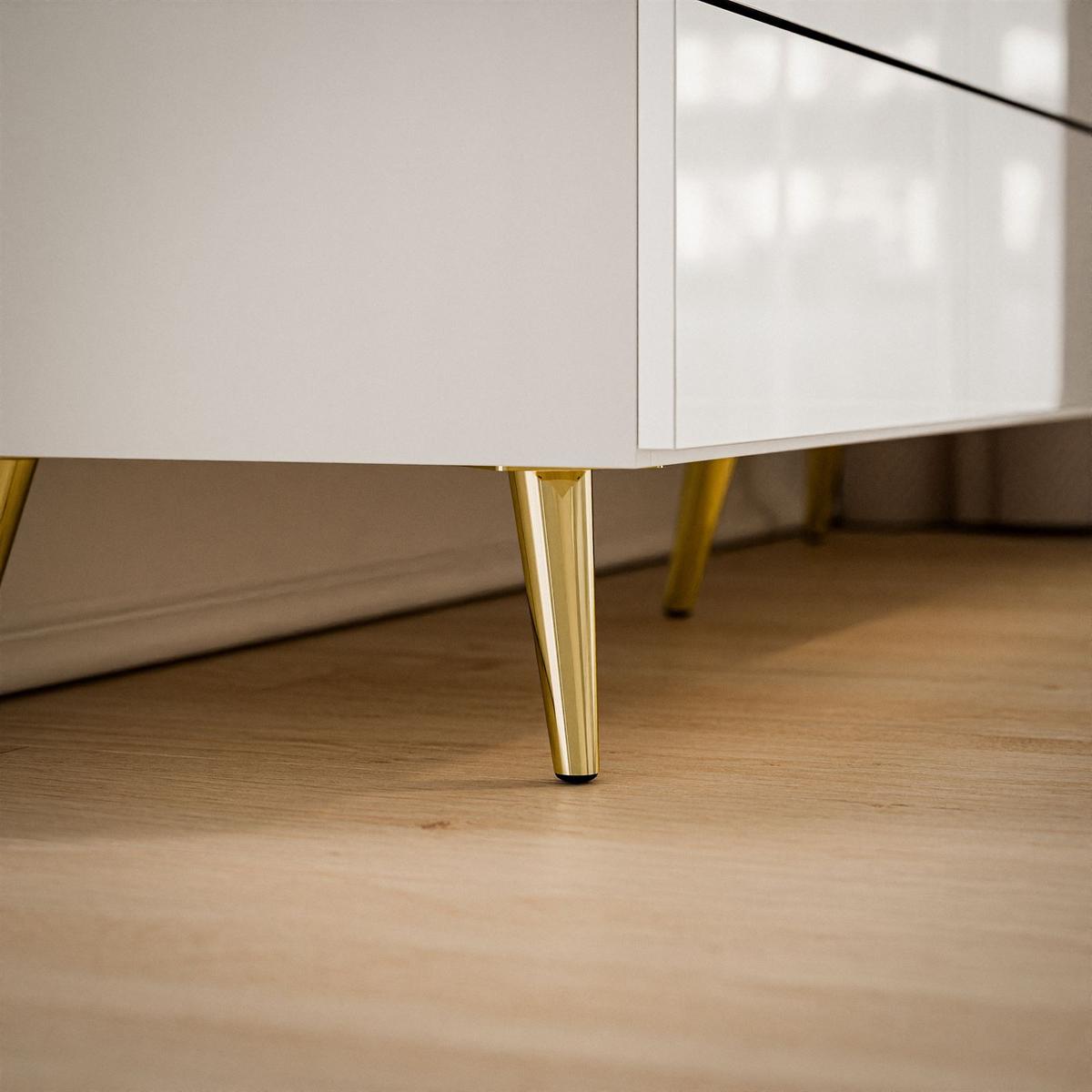 KOMMODE AURORA 3D Weiß / Weiß hochglanz mit schräge Goldchrom Fuße - Weiß Hochglanz/Goldfarben, Holzwerkstoff/Metall (140/90/40cm) - Lookway