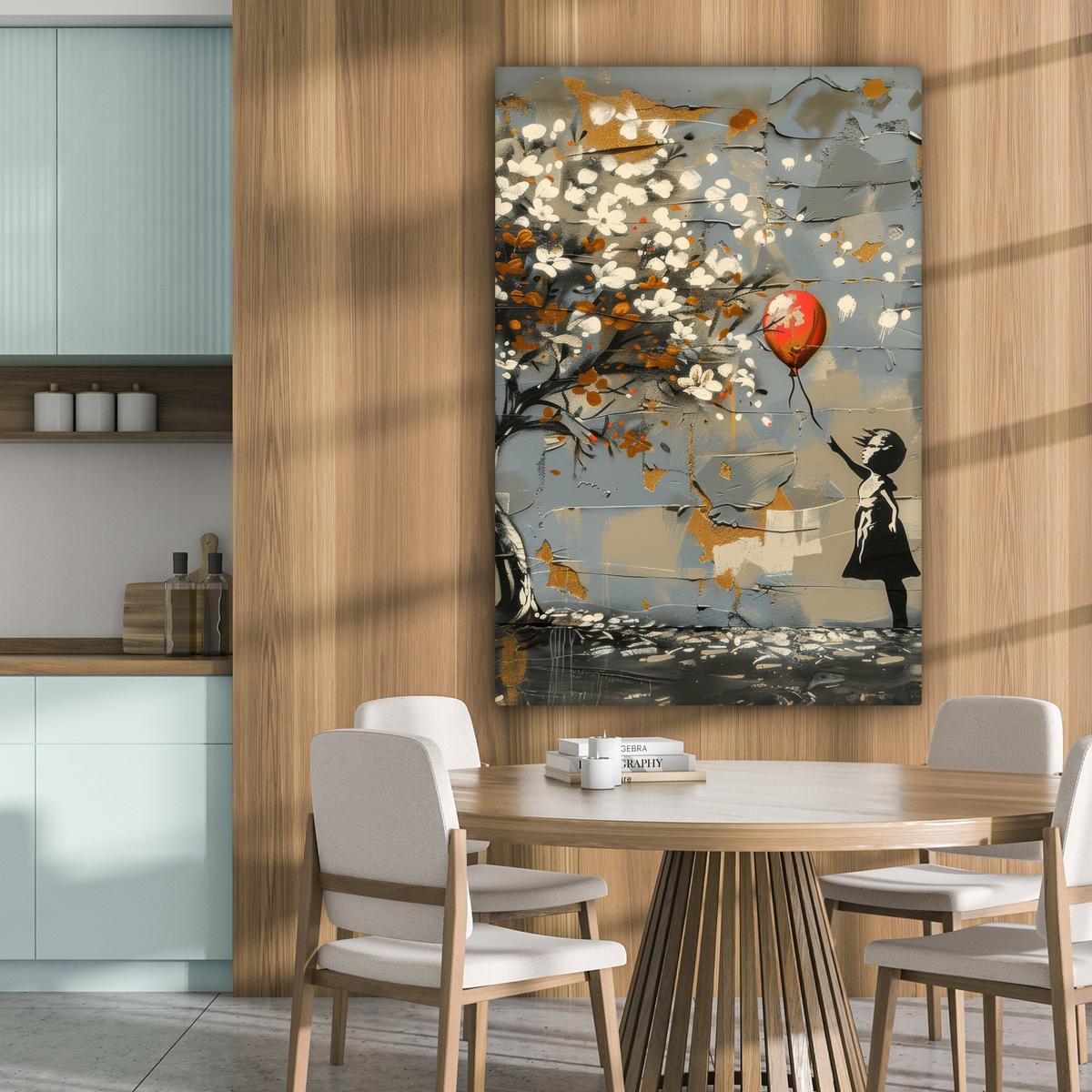 LEINWANDBILD Baum - Graffiti - Banksy-Stil - Ballon-Mädchen Deko XXL 80x120 cm - Blaugrau, Textil (80/120cm) - MuchoWow