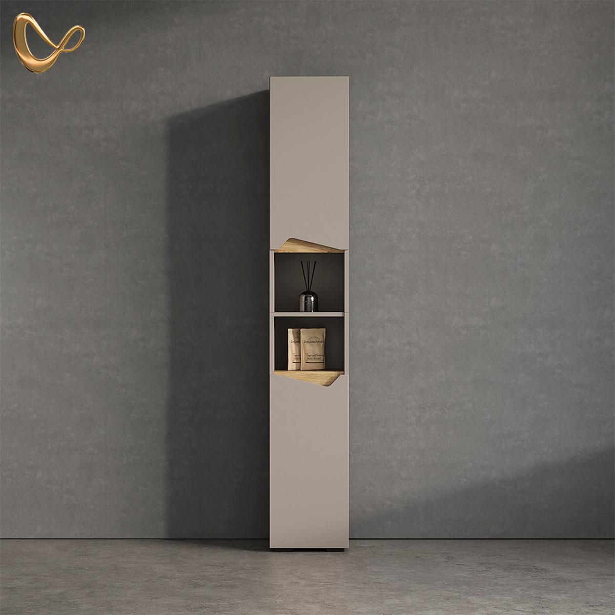 BADSCHRANK Timavo Greige 30 x 180 cm mit Türen, und offenen Fächern - Greige, Holzwerkstoff (30/180/35cm) - Livinity®