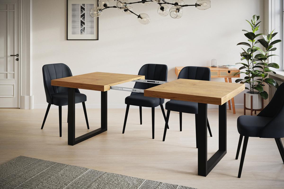 INDUSTRIELLER Esszimmertisch LOFT-U, ausziehbarer Tisch, Größe: 180-280X90X77 cm, Wohnzimmertisch Farbe: LANCELOT, mit Metallbeinen in Farbe Schwarz - Beige/Schwarz, Holzwerkstoff (180/90/77cm) - Alpi-Möbel