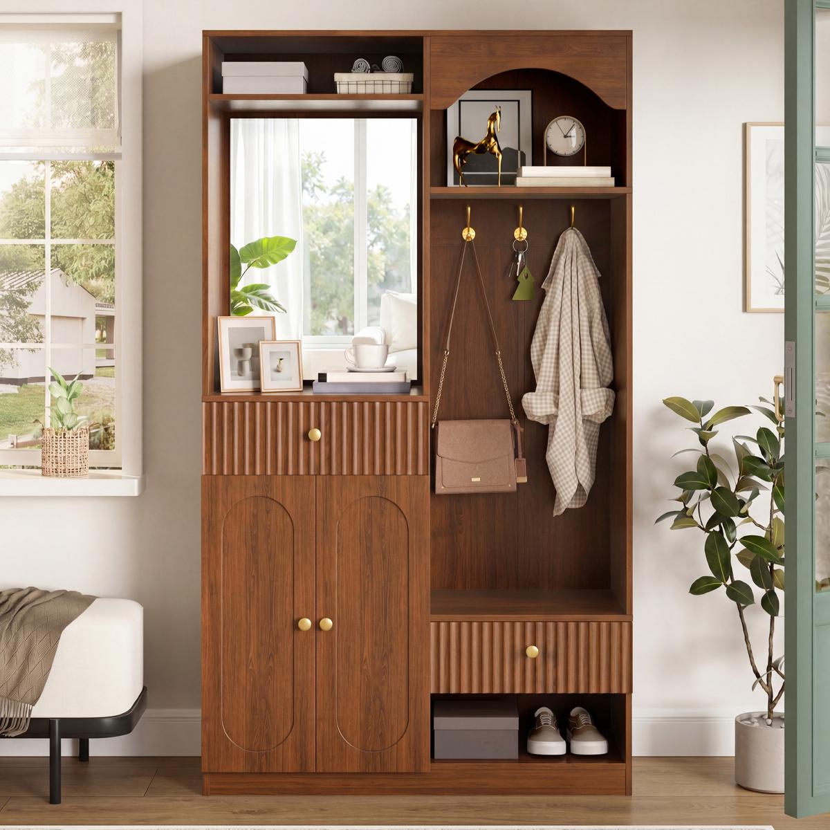 GARDEROBE 100cm Walnuss mit LED, Spiegel, Schuhschrank & Sitzbank - Walnussfarben, Holzwerkstoff (100/180/35cm) - Urban Meuble