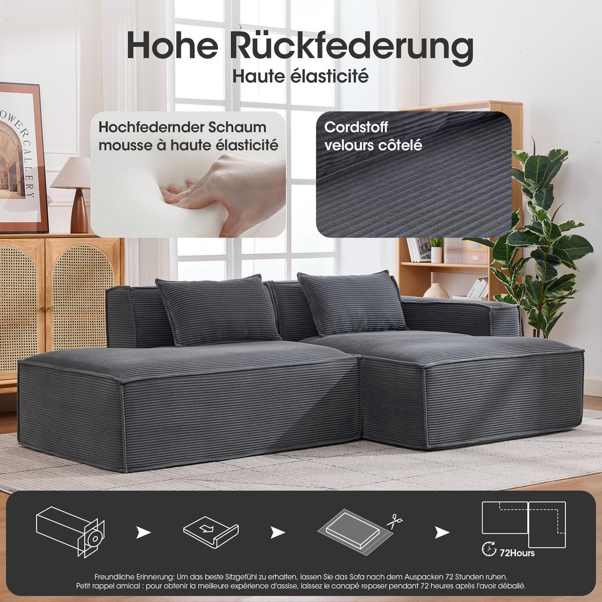 ECKSOFA gepolstert mit taschenfederkern & 2 kissen - Grau, Textil (235/129cm) - Urban Meuble