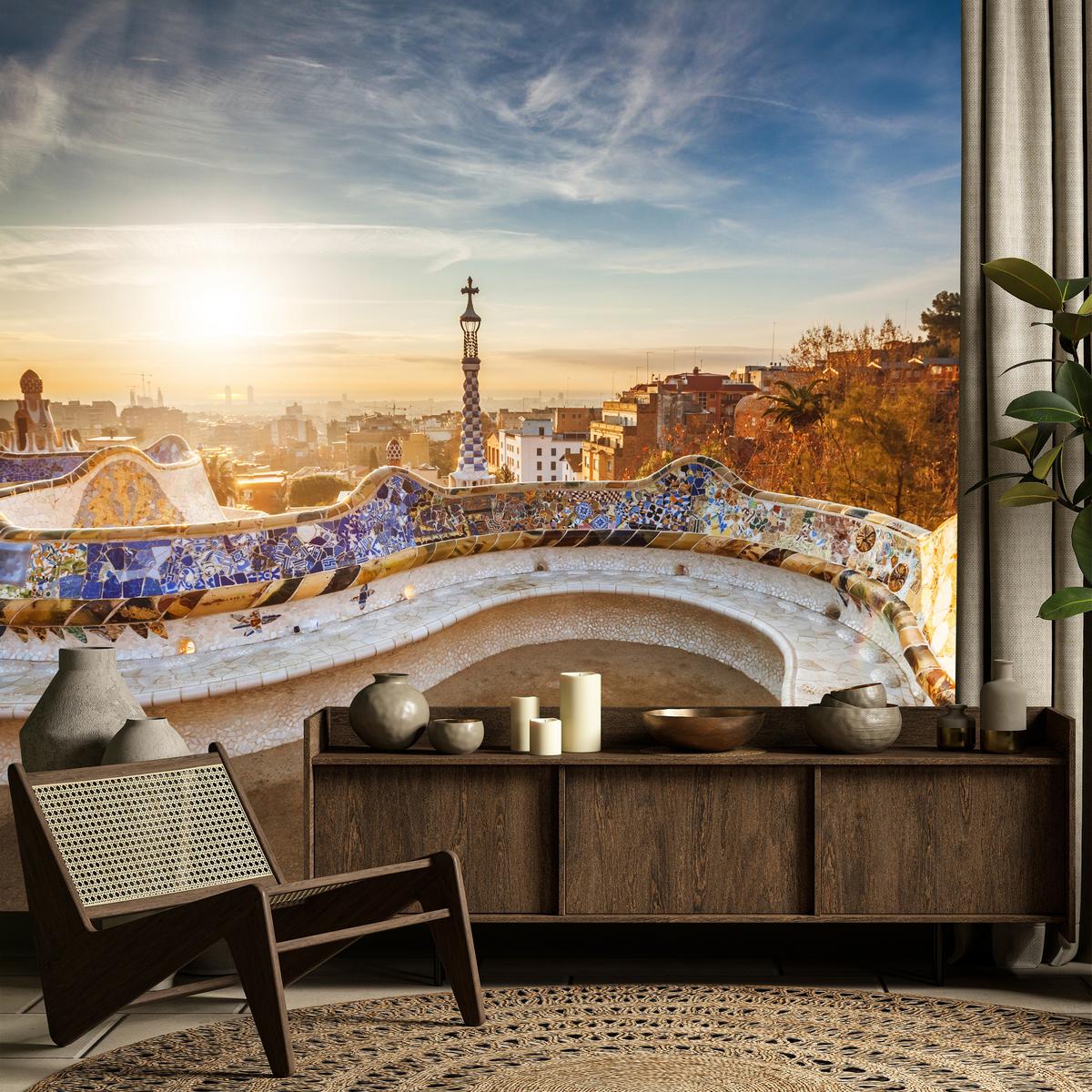 FOTOTAPETE für Wohnzimmer Sonnenaufgang Barcelona Denkmäler 300x210 - Gelb/Beige, Papier (300/210cm) - Muralo