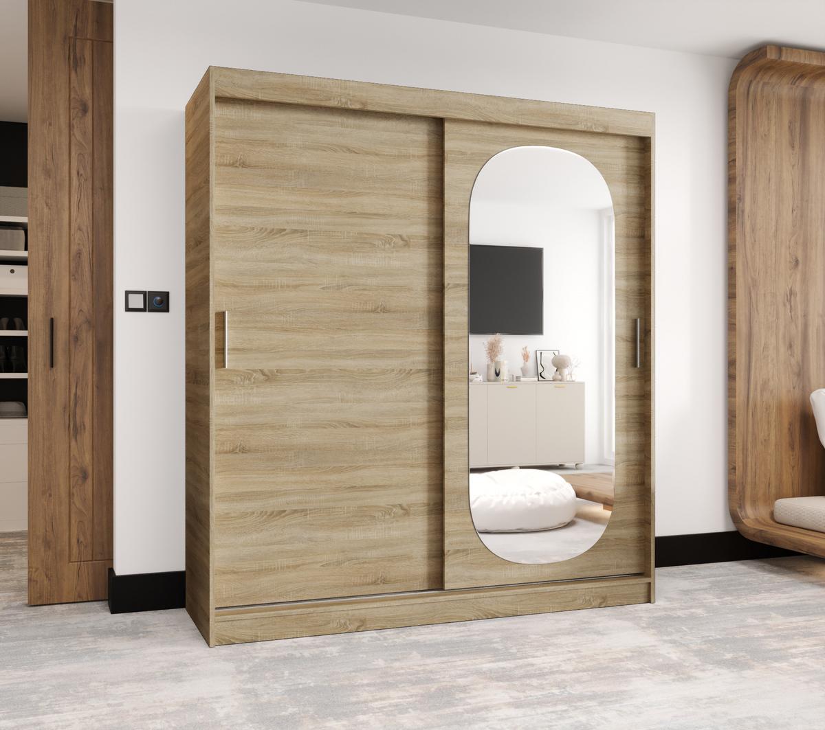 SCHIEBETÜRENSCHRANK mit Spiegel ROYAL 200/180/62 2-türig - Silberfarben/Sonoma Eiche, Holz (180/62/180cm) - MÖBEL KRYSPOL