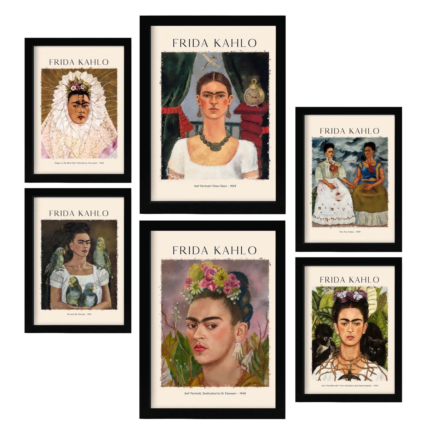 POSTER Set Mit 6 Frida Kahlo Malergalerie A3 & A4 Schwarzer Rahmen - Schwarz, Papier (29/3cm) - Nacnic