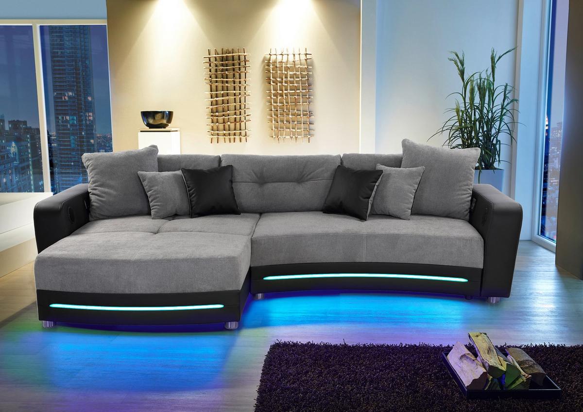 MULTIMEDIA-ECKSOFA Soundsystem RGB-LED Beleuchtung Bluetooth USB AUX-in,seitenverkehrt montierbar B322/T190/H88cm,Kunstleder Schwarz-Mikrof.Grau/15411 - Chromfarben/Schwarz, Kunststoff/Textil (322/88/190cm) - luma-home