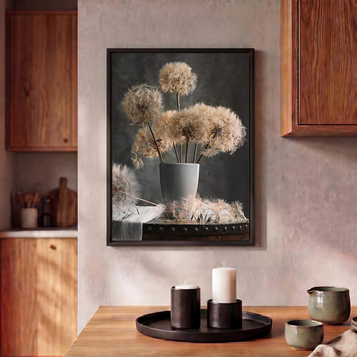 LEINWAND Bilder mit Rahmen - Blumensamen - Löwenzahn - Vase - Stilleben - Blumenstrauß - 30x40 - Dunkelgrau, Textil (30/40cm) - MuchoWow