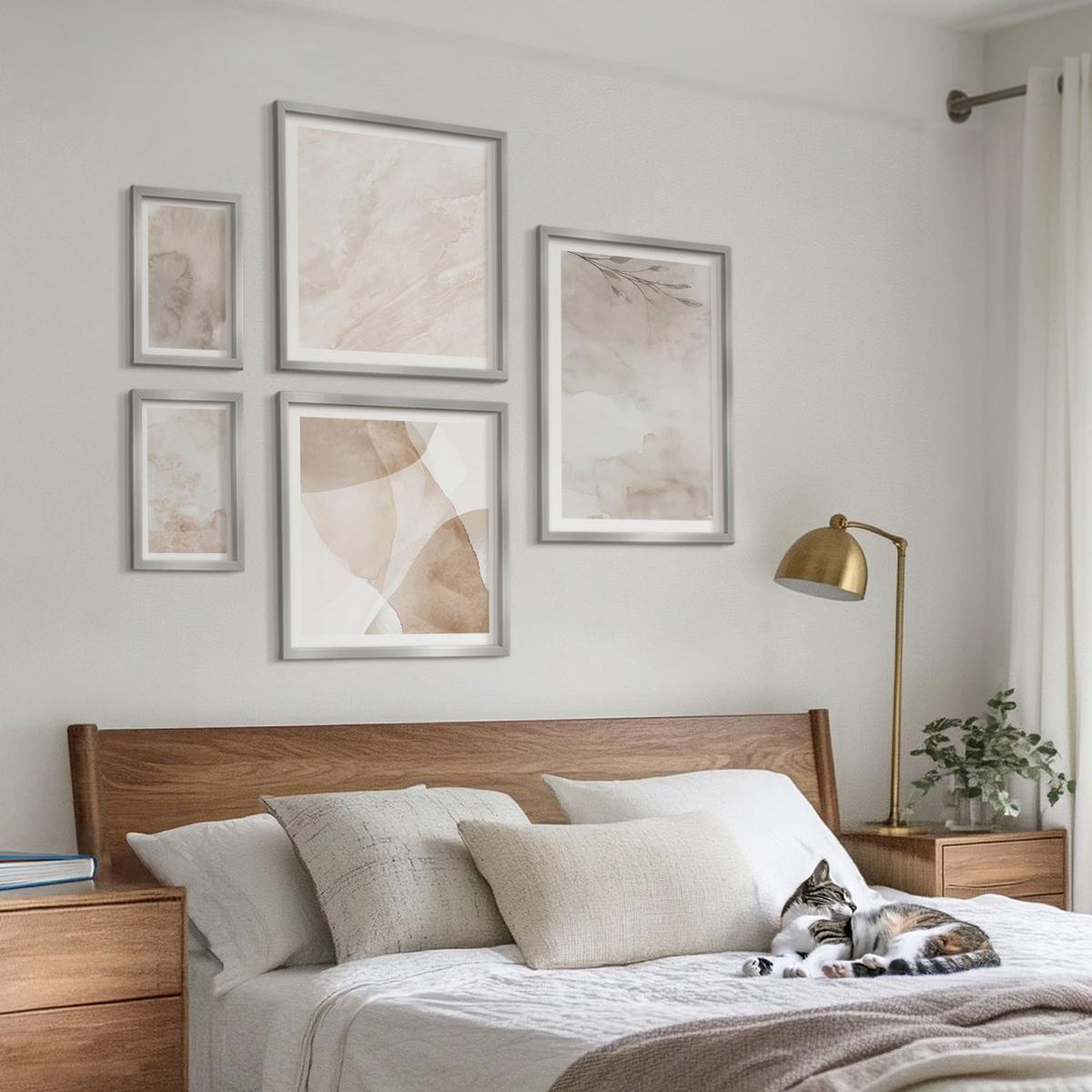 BILDER SET 5er Set - 50x50 cm & 20x30 cm & 40x60 cm Silberner Rahmen - Aquarellfarben, Boho-Texturen - Silberfarben, Kunststoff (40/60cm) - TULUP
