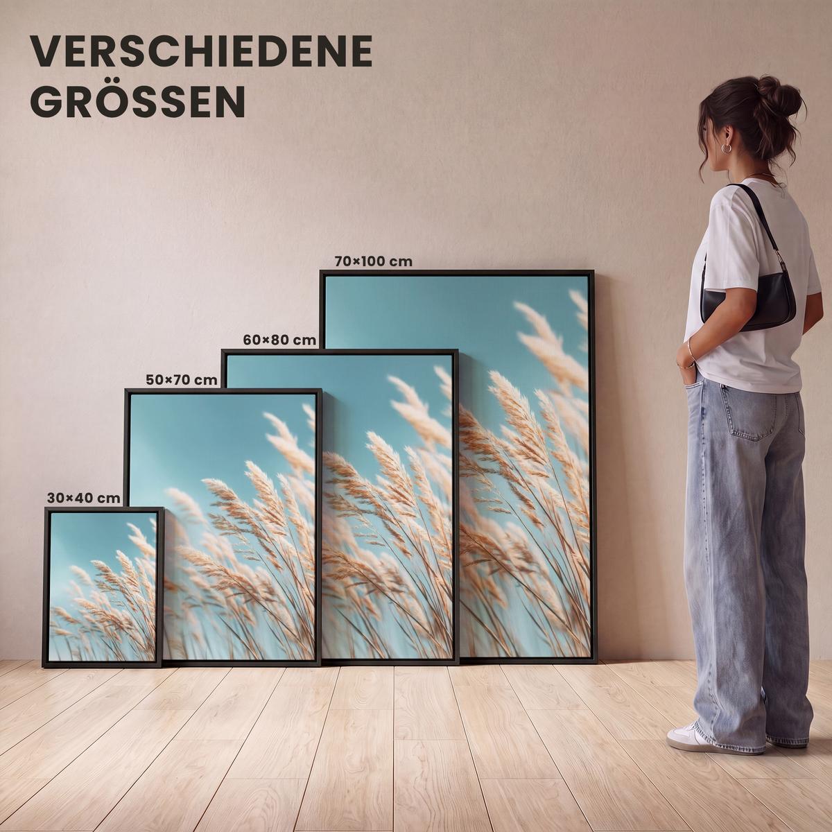 LEINWAND Bilder mit Rahmen - Ziergras - Wind - Hellbraun - 70x100 - Hellblau, Textil (70/100cm) - MuchoWow