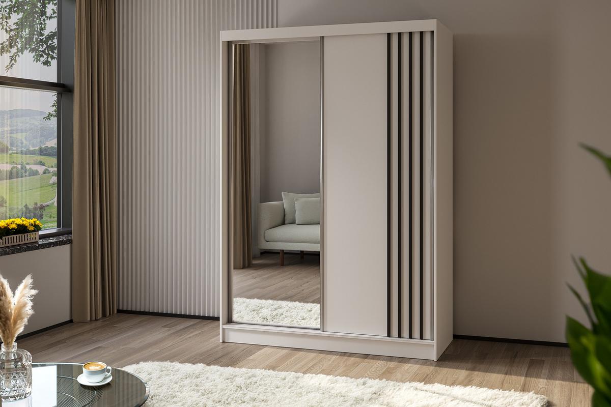KLEIDERSCHRANK mit Spiegel-Schiebetüren und Aluminium-Leisten, LED-Beleuchtung - NALLA - 150 cm Weiß+Weiß+Schwarz - Schwarz/Weiß, Holzwerkstoff (150/216/61cm) - ALTDECOR