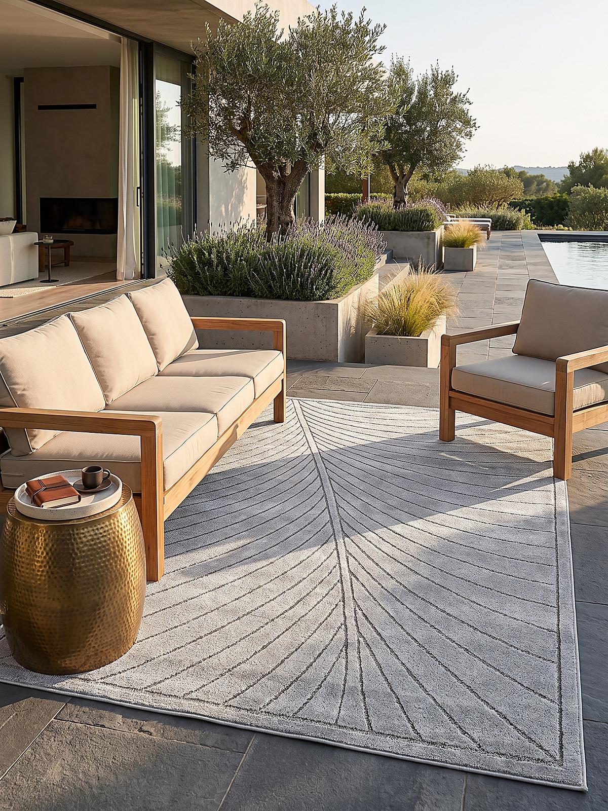 TEPPICH Outdoor, Fußbodenheizung-geeignet, mit Blattmotiv, aus Polypropylen, ENGADIN in Silbergrau, 120 x 170 cm - Grau, Textil (120/170cm) - KADIMA DESIGN