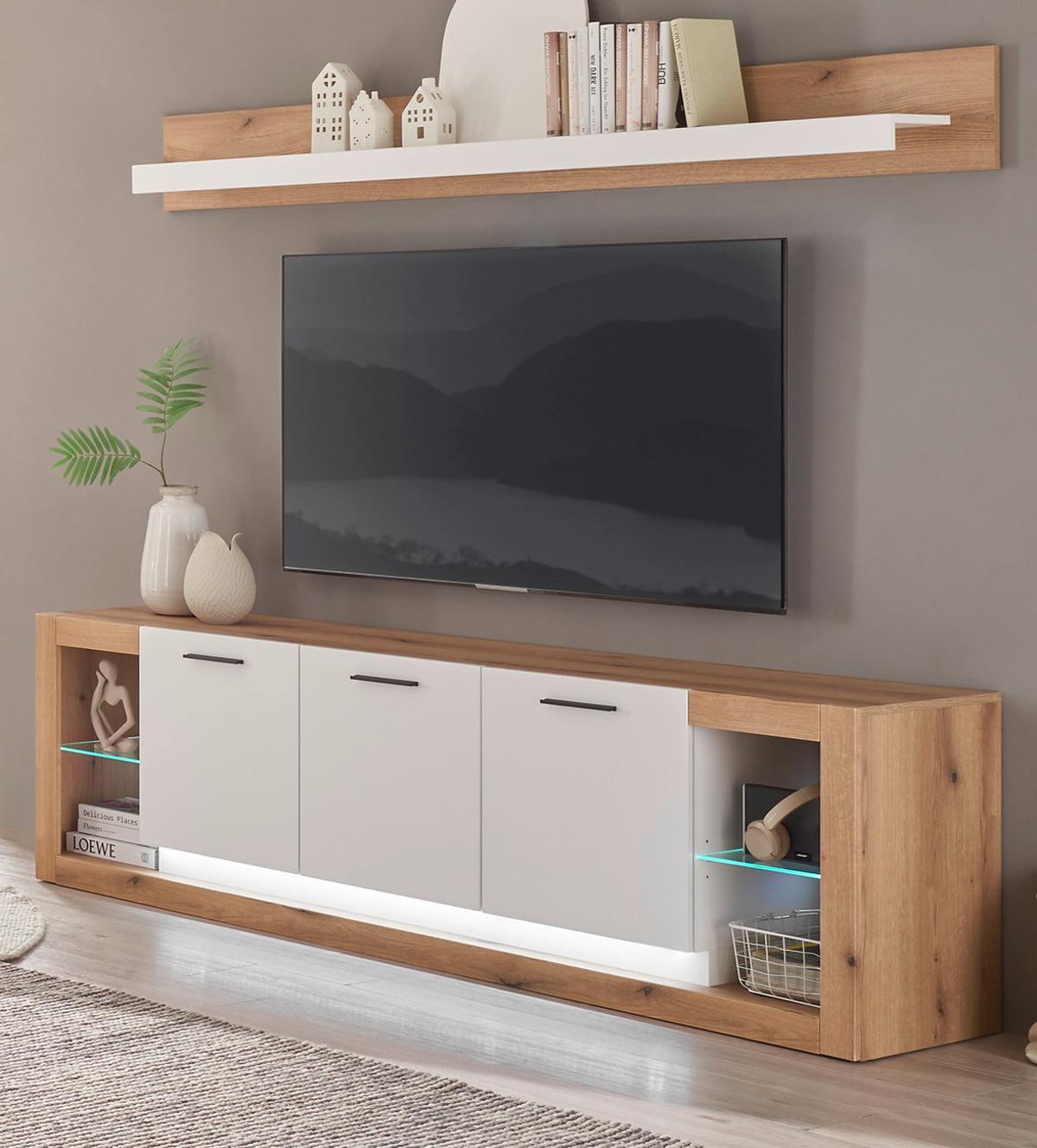 WOHNZIMMER-SET Wandboard weiß matt, Evoke Eiche, Wohnkombination Set 2-teilig - Eichefarben/Silberfarben, Glas/Holzwerkstoff (198/170/43cm) - Furn.Design