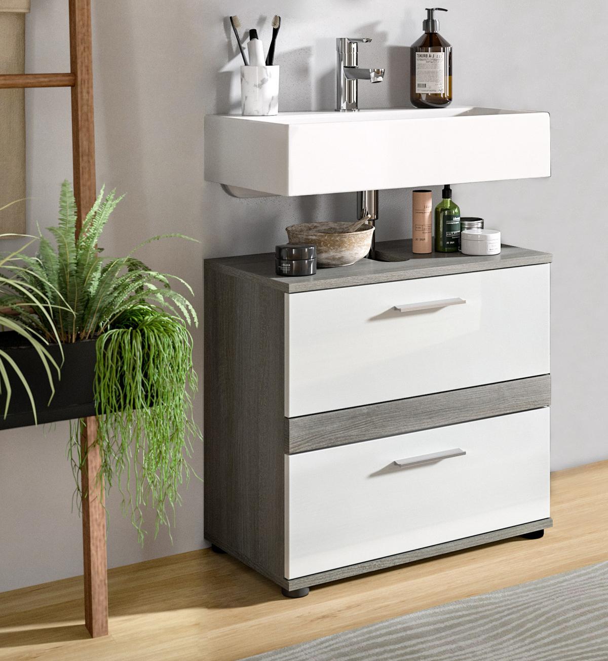 WASCHBECKENUNTERSCHRANK weiß Hochglanz, grau 60 cm, mit Schubkästen - Weiß Hochglanz/Schwarz, Holzwerkstoff/Kunststoff (60/57/34cm) - Inn.Furn