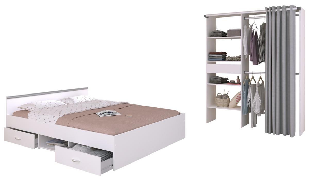 JUGENDZIMMER weiß 2-teilig, Komplett-Set mit Stauraumbett und Kleiderschrank - Silberfarben/Weiß, Holzwerkstoff/Kunststoff (206/182/145cm) - Parisot Meuble