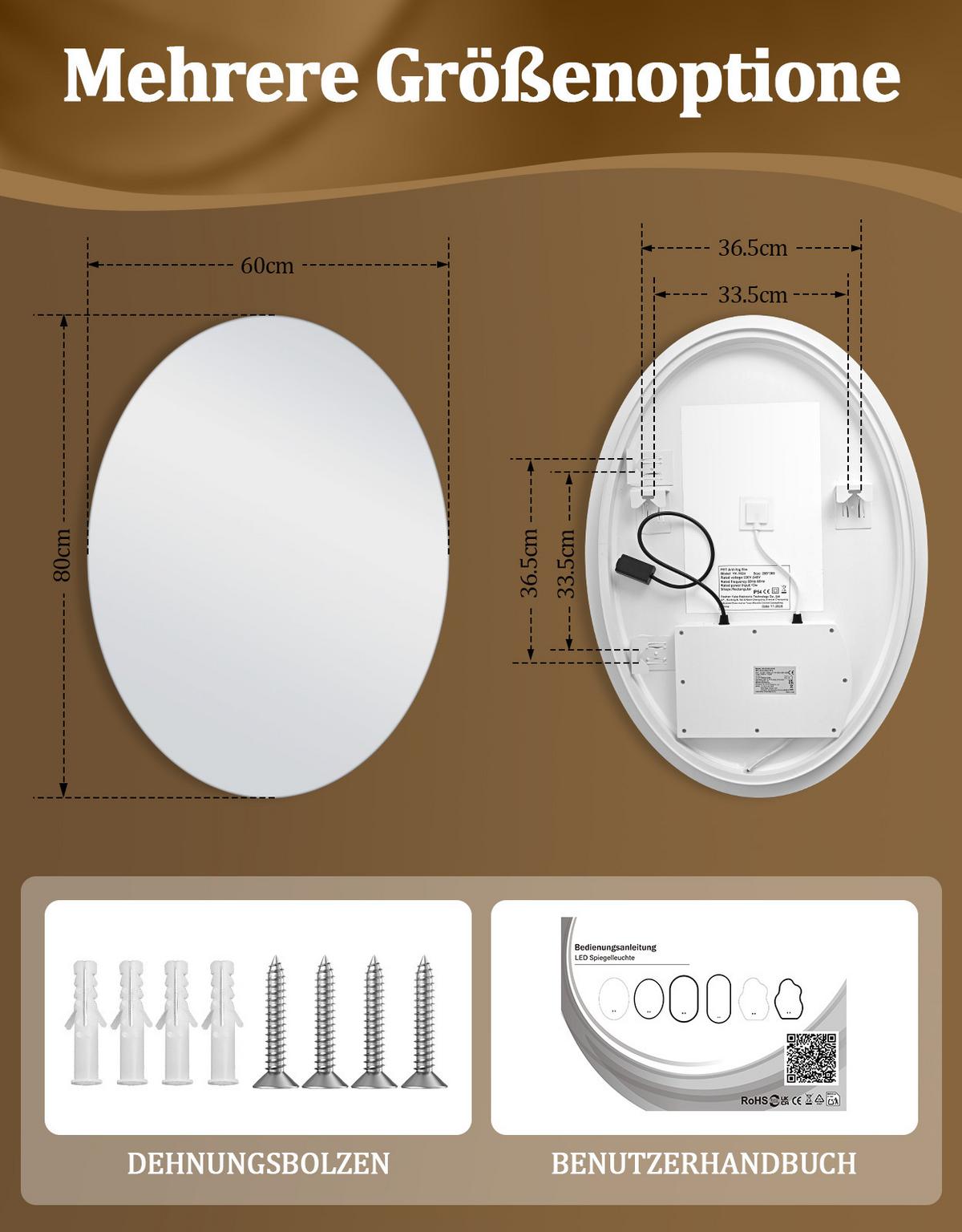 BADSPIEGEL mit Beleuchtung Karvel 3/60/80 cm - Weiß, Glas (60/80/3cm) - ZMH