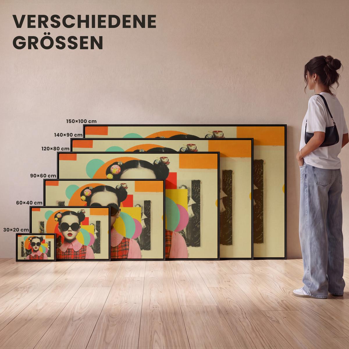 LEINWAND Bilder mit Rahmen - Mädchen - Sonnenbrille - Katze - Retro - 30x20 - Beige, Textil (30/20cm) - MuchoWow