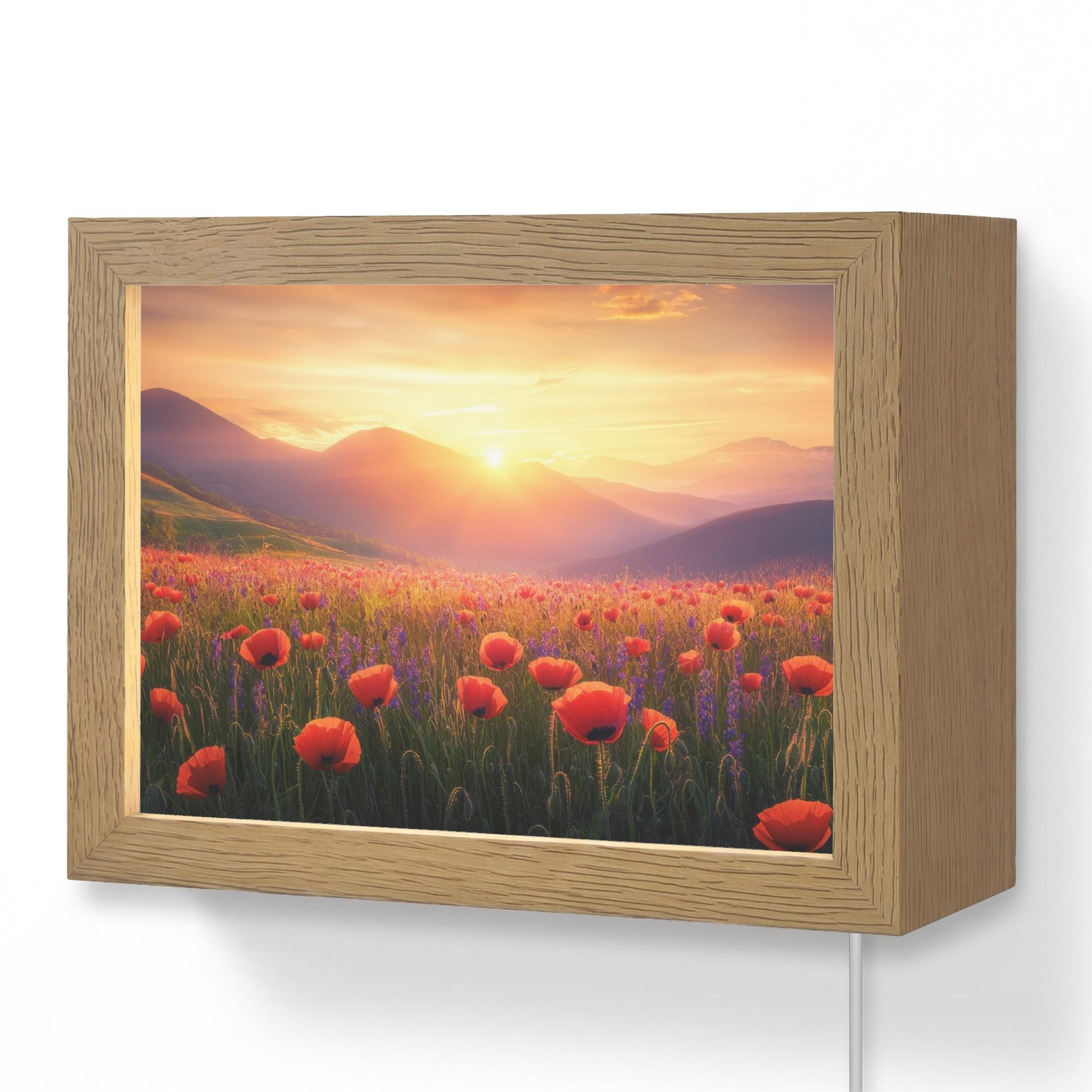 WANDLEUCHTE Landschaft - Sonnenuntergang - Blumenfeld 20x15 cm - Rot, Holzwerkstoff (20/15/8cm) - OnlyWow