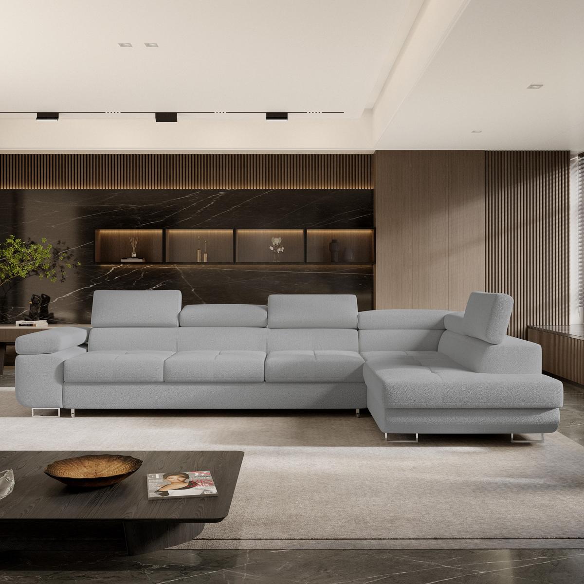 ECKSOFA VICENTE Hellgrau Boucle-Stoff mit Schlaffunktion - Hellgrau, Holz (346/202cm) - MASSENO