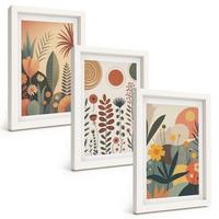 BILDER SET 3er Set - 20x30 cm Weißer Rahmen - Boho-Pflanzenmuster Natur - Weiß, Kunststoff (20/30cm) - TULUP