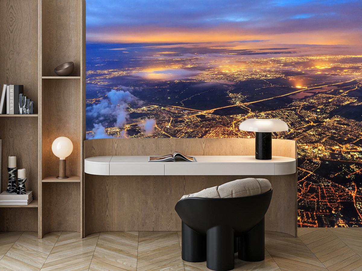 FOTOTAPETE für Wohnzimmer Vogelperspektive Beleuchtete Stadt Skyline 450x315 - Gelb/Orange, Papier (450/315cm) - Muralo