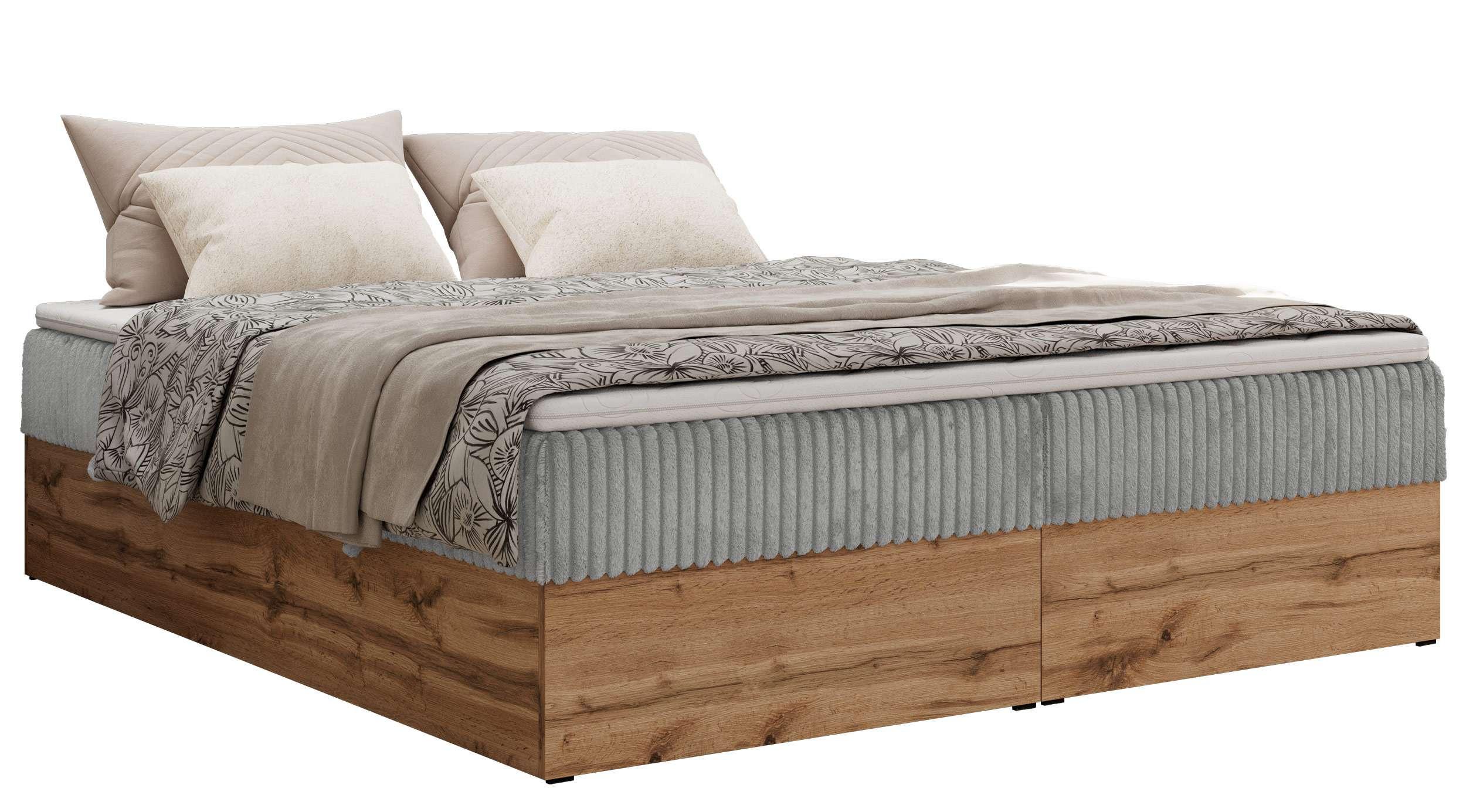 BOXBETT WOOD ZERO 140/200 - Hellgrau Cord - H3 - Topper T25 - Hellgrau, Textil (140/200cm) - MKS