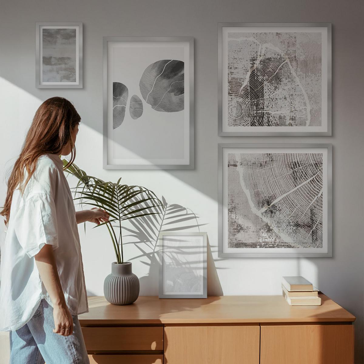 BILDER SET 5er Set - 50x50 cm & 20x30 cm & 40x60 cm Silberner Rahmen - Abstrakte moderne Formen - Silberfarben, Kunststoff (40/60cm) - TULUP