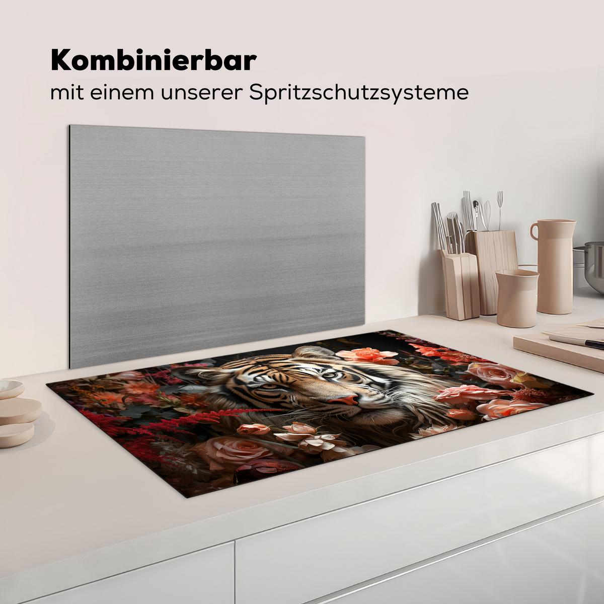 HERDABDECKPLATTE Tiger - Tier - Natur - Floral - Botanisch Ceranfeldabdeckung 90x52 cm - Orange, Kunststoff (90/52/0.2cm) - MuchoWow