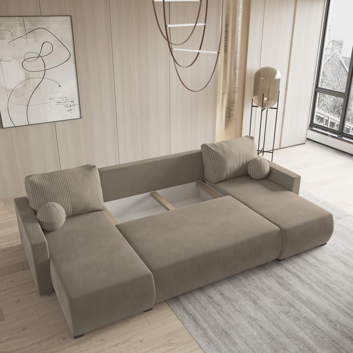 WOHNLANDSCHAFT TESSUN Beige Plüsch-Stoff mit Schlaffunktion - Beige, Holz (286/85/143cm) - MASSENO