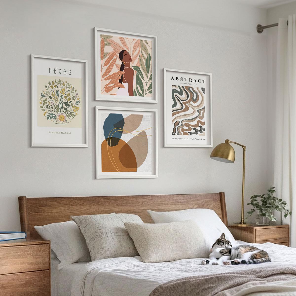 BILDER SET 4er Set - 50x50 cm & 40x60 cm Weißer Rahmen - Boho-Ästhetik, Pastellposter - Weiß, Kunststoff (50/50cm) - TULUP