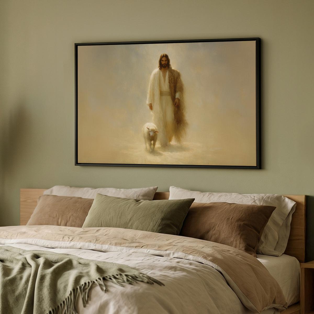 LEINWAND Bilder mit Rahmen - Schaf - Jesus - Pinselstriche - Abstrakt - 90x60 - Beige, Textil (90/60cm) - MuchoWow