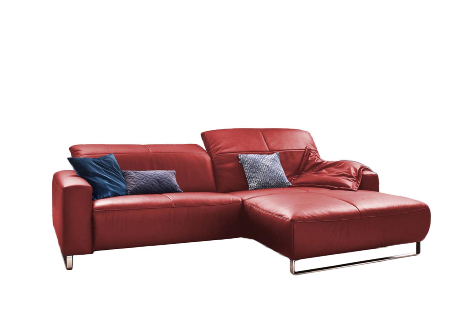 ECKSOFA MIT SITZTIEFENVERSTELLUNG YORK Hochglanz Rot Leder Relaxfunktion - Silberfarben/Kirschrot, Leder (284/180cm) - KAWOLA