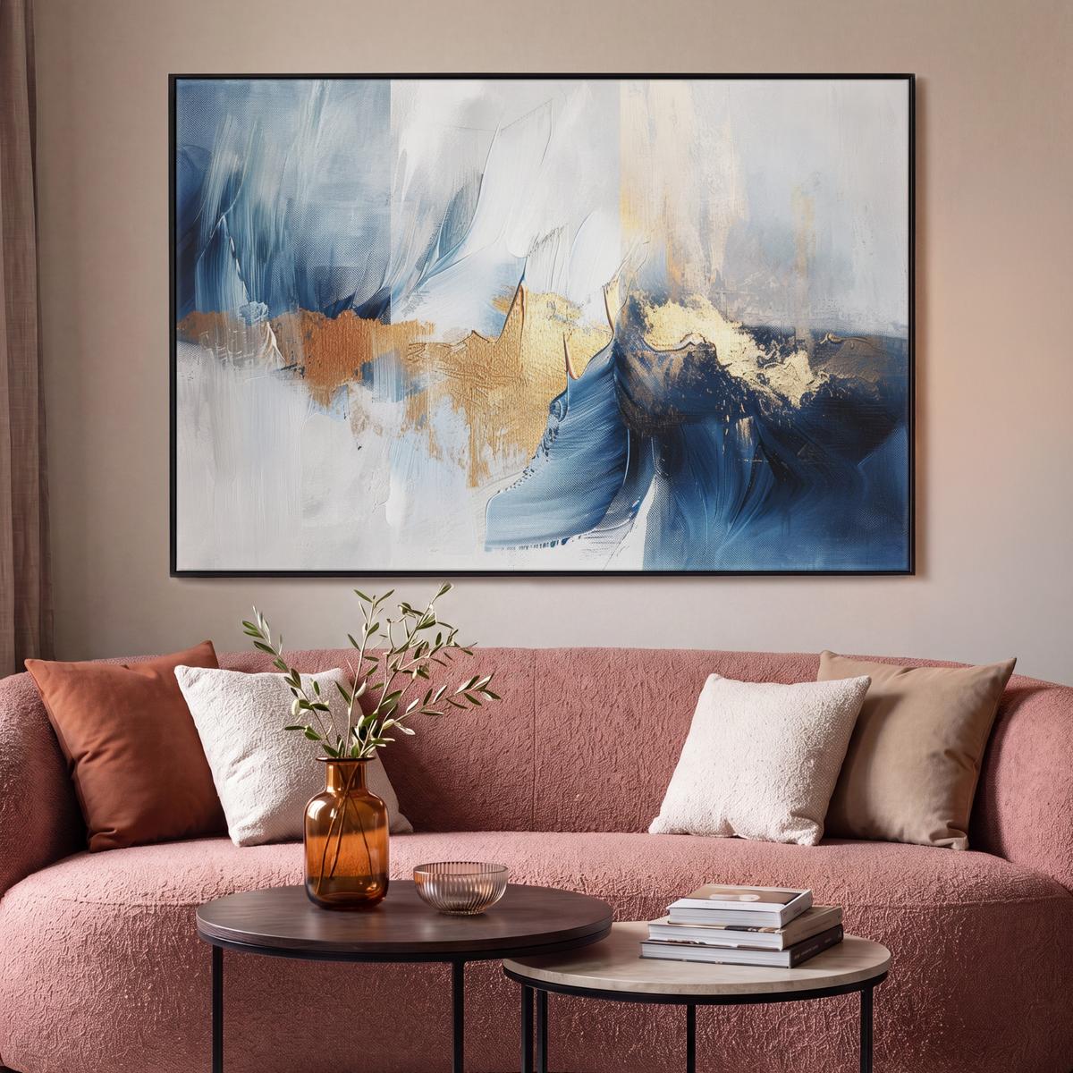 LEINWAND Bilder mit Rahmen - Gold - Blau - Aquarell - Kunst - Modern - 140x90 - Hellblau, Textil (140/90cm) - MuchoWow
