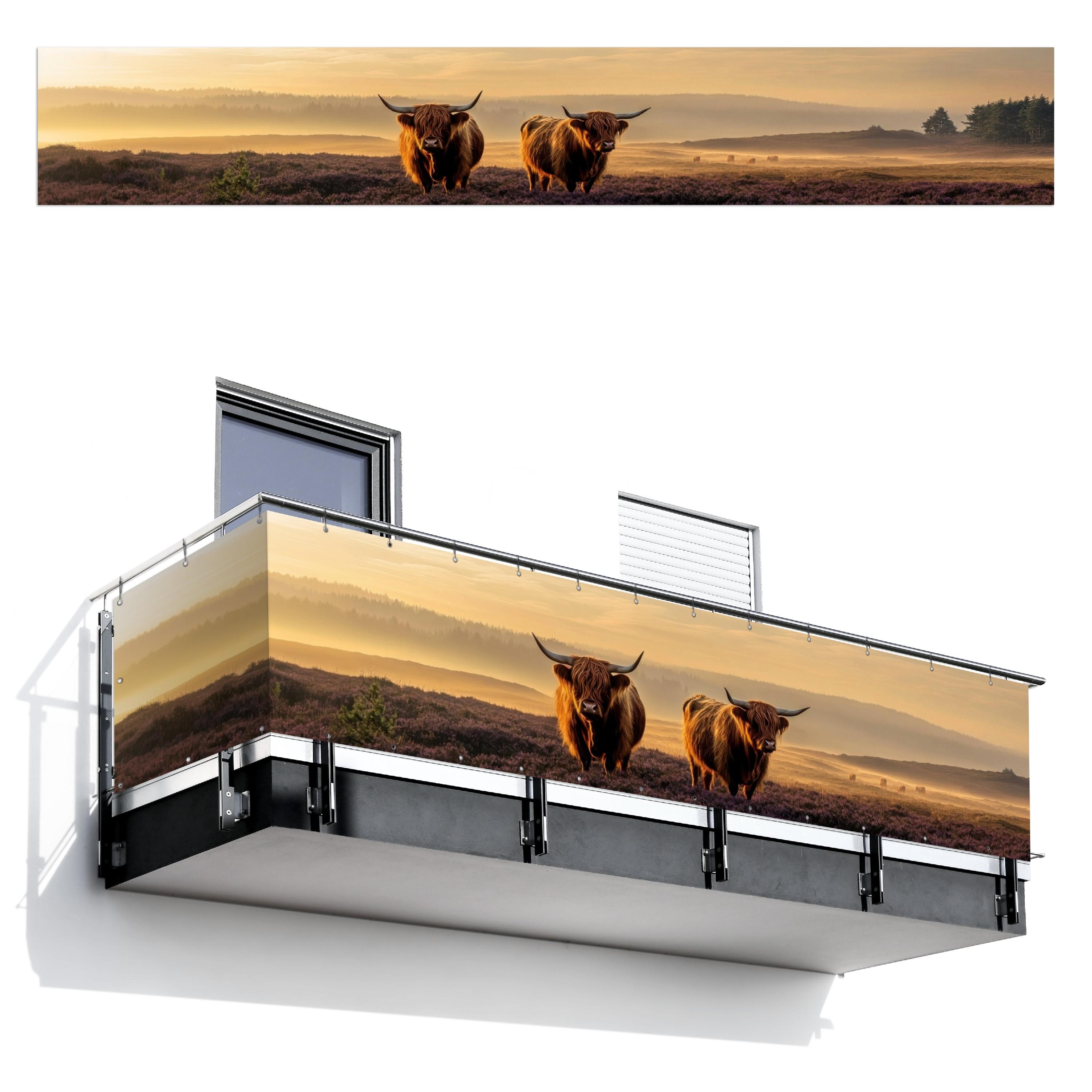 BALKON-SICHTSCHUTZ Schottische Hochlandbewohner - Heide - Landschaft - Tiere Groß 500x80 cm - Cognac, Kunststoff (500/80cm) - MuchoWow
