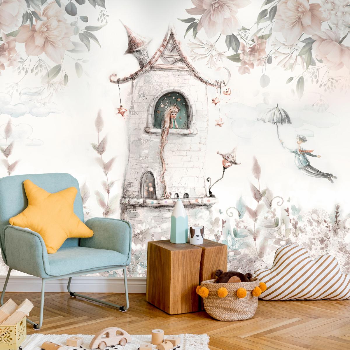 FOTOTAPETE für Kinderzimmer Prinzessin Turm Blumen Pflanzen 100x70 - Multicolor, Papier (100/70cm) - Muralo