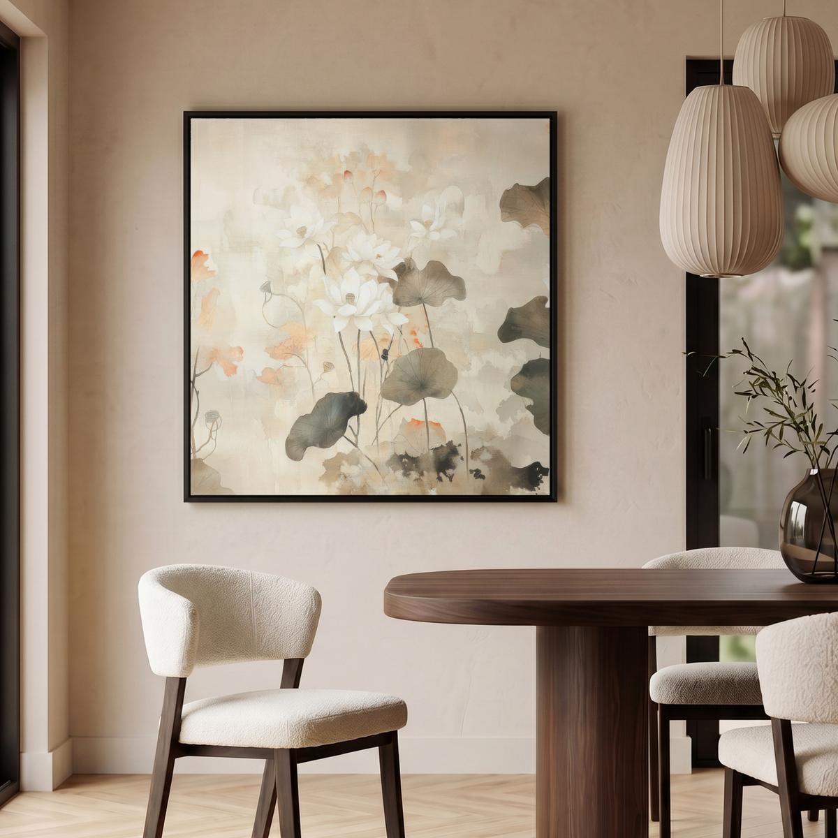 LEINWAND Bilder mit Rahmen - Blumen - Japandi - Wabi sabi - 90x90 - Sandfarben, Textil (90/90cm) - MuchoWow