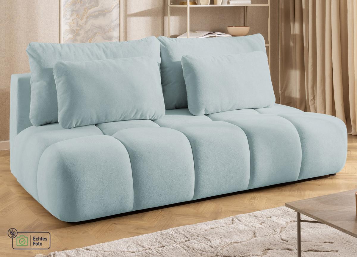 SCHLAFSOFA Belluno aus hochwertigem Blaugrau Plüschstoff mit Bettkasten und tiefen Steppungen in Bubble-Optik - Blaugrau/Schwarz, Holz/Kunststoff (205/87/105cm) - S-Style