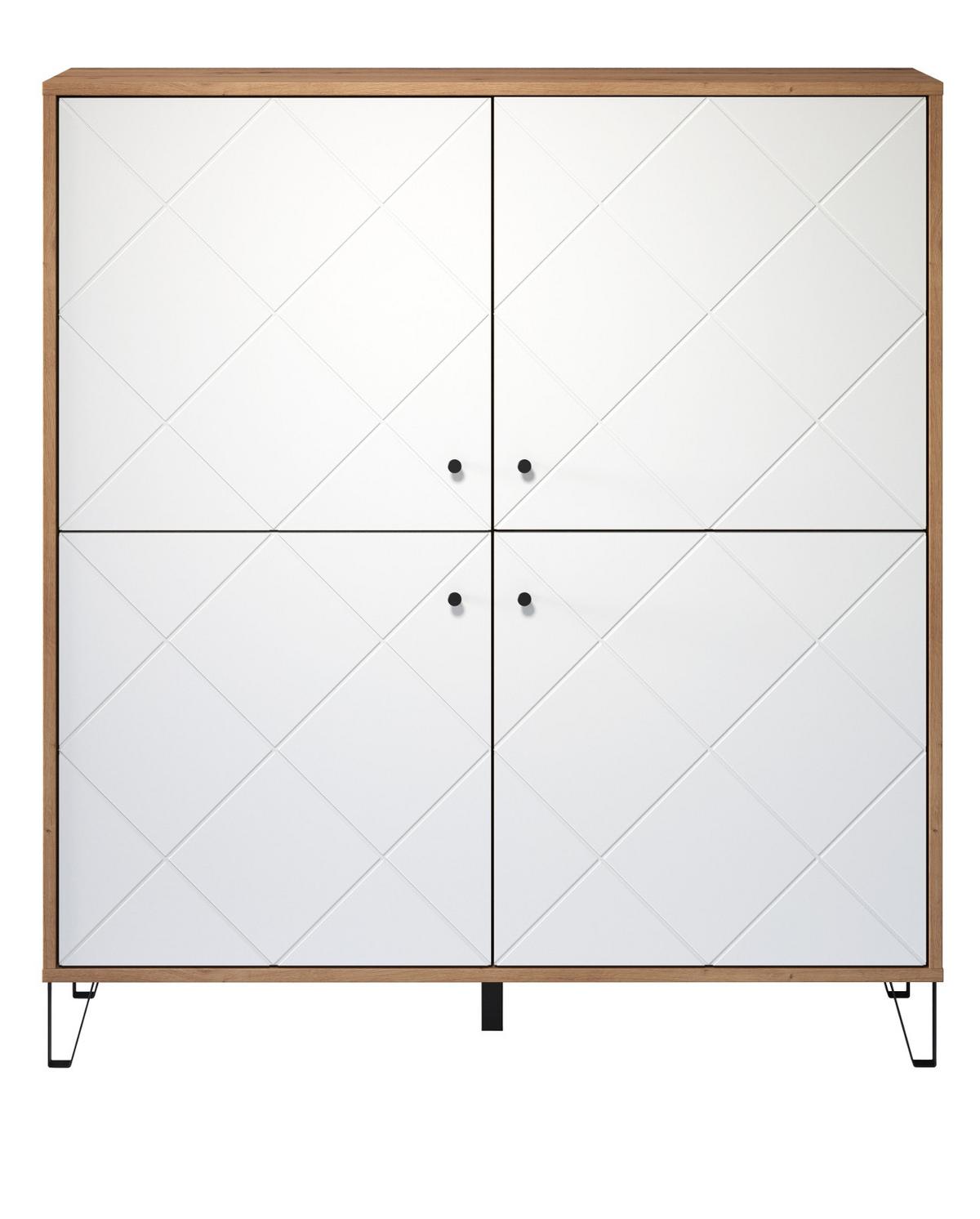 HIGHBOARD weiß matt mit Rautenoptik, Eiche Artisan 123 x 136 cm, Kommode mit Soft-Close - Eichefarben/Schwarz, Holzwerkstoff/Kunststoff (123/136/40cm) - Top.Furn