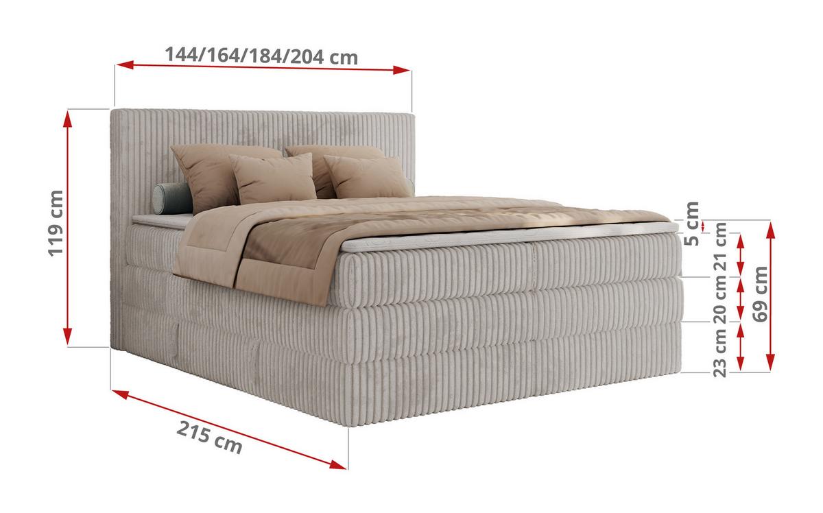 BOXSPRINGBETT TILIANO KING - 160/200 - Hellgrau Cord - H4 - Hellgrau, Holz/Textil (160/200cm) - MKS