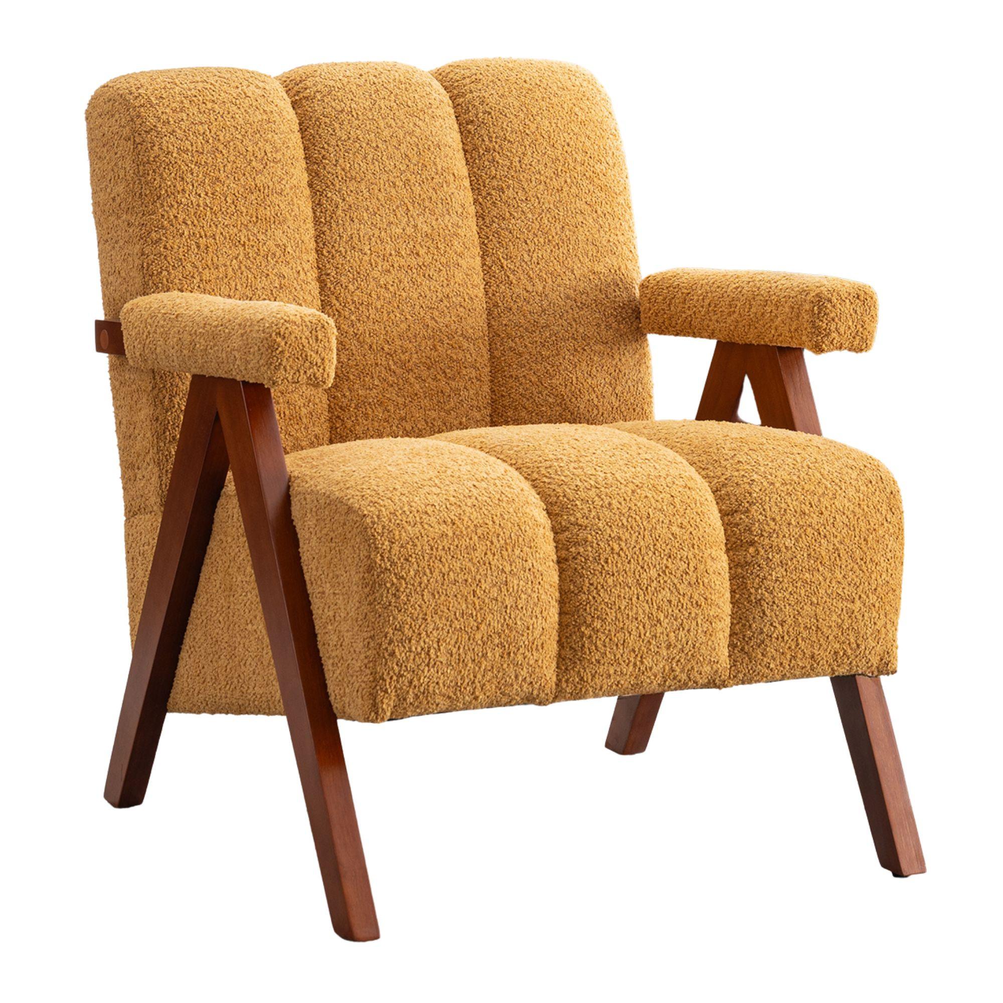 SESSEL aus bouclé und eichenholz, moderner akzentstuhl - Gelb, Holz (77/77/68.5cm) - Urban Meuble