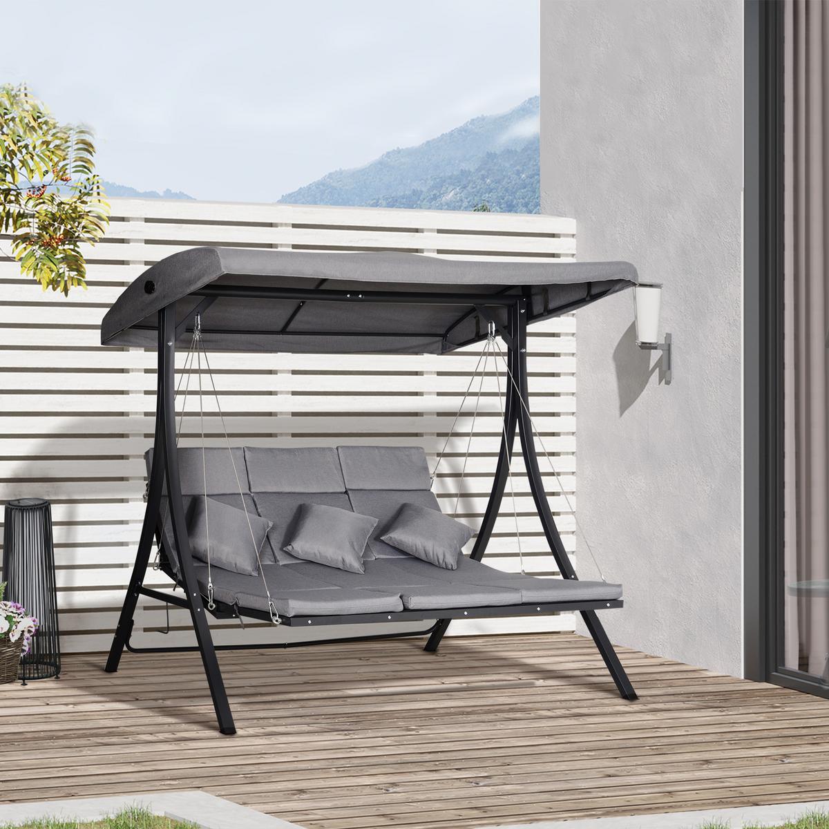 HOLLYWOODSCHAUKEL, mit Sonnendach,Metall, Texteline, Grau, 200 x 115 x 168 cm - Grau, Metall (115/168/200cm) - Outsunny