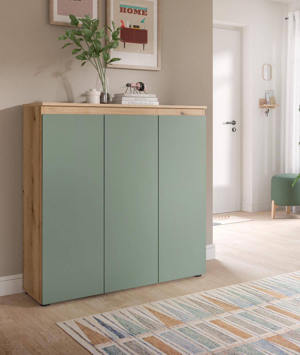 KOMMODE grün, Evoke Eiche 105 x 11 cm, Anrichte mit 10 Fächern - Eichefarben/Schwarz, Holzwerkstoff/Kunststoff (105/111/37cm) - Inn.Furn