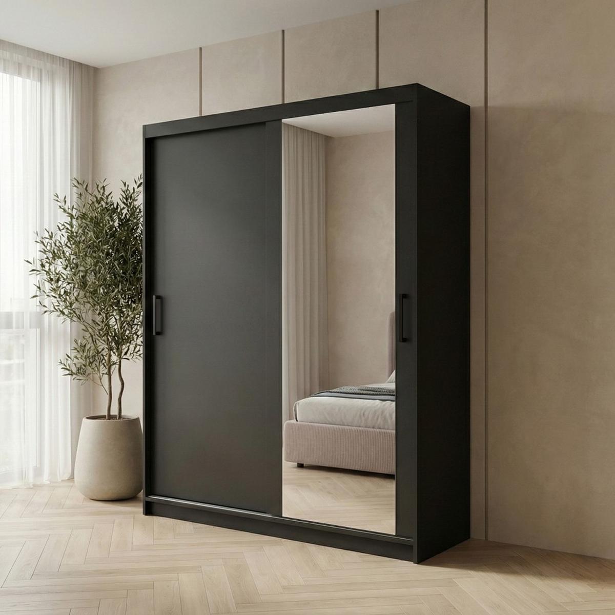SCHWEBETÜRENSCHRANK Hela mit 2 Türen. 160 cm, Schwarz - Schwarz, Holzwerkstoff (160/205/60cm) - Beautysofa