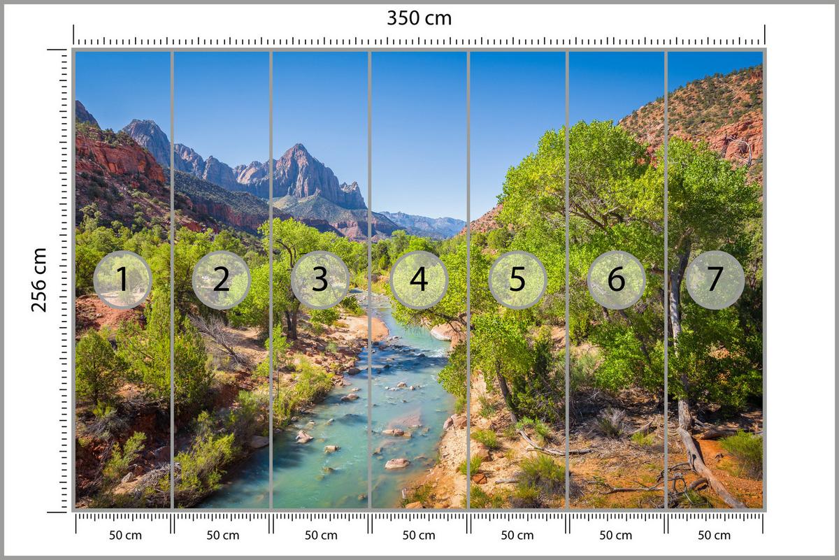 FOTOTAPETE für Esszimmer Virgin River Bäume Felsen Berge Natur 350x256 - Türkis/Blau, Papier (350/256cm) - Muralo