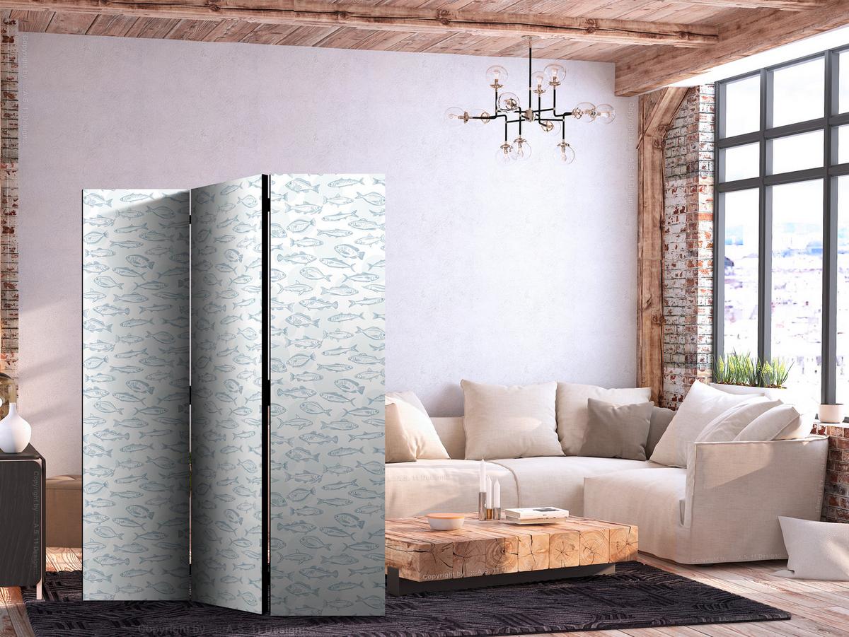 PARAVENT Akustik 3-tlg 135x172 cm Blaue Fische Im Boho Stil - Blau, Holz/Textil (135/172/3cm) - Muralo